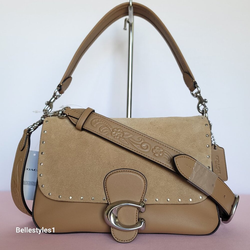 COACH Tabby Soft Suede & Leather Shoulder Bag With Rivets And Tooling- Peanut⭐
